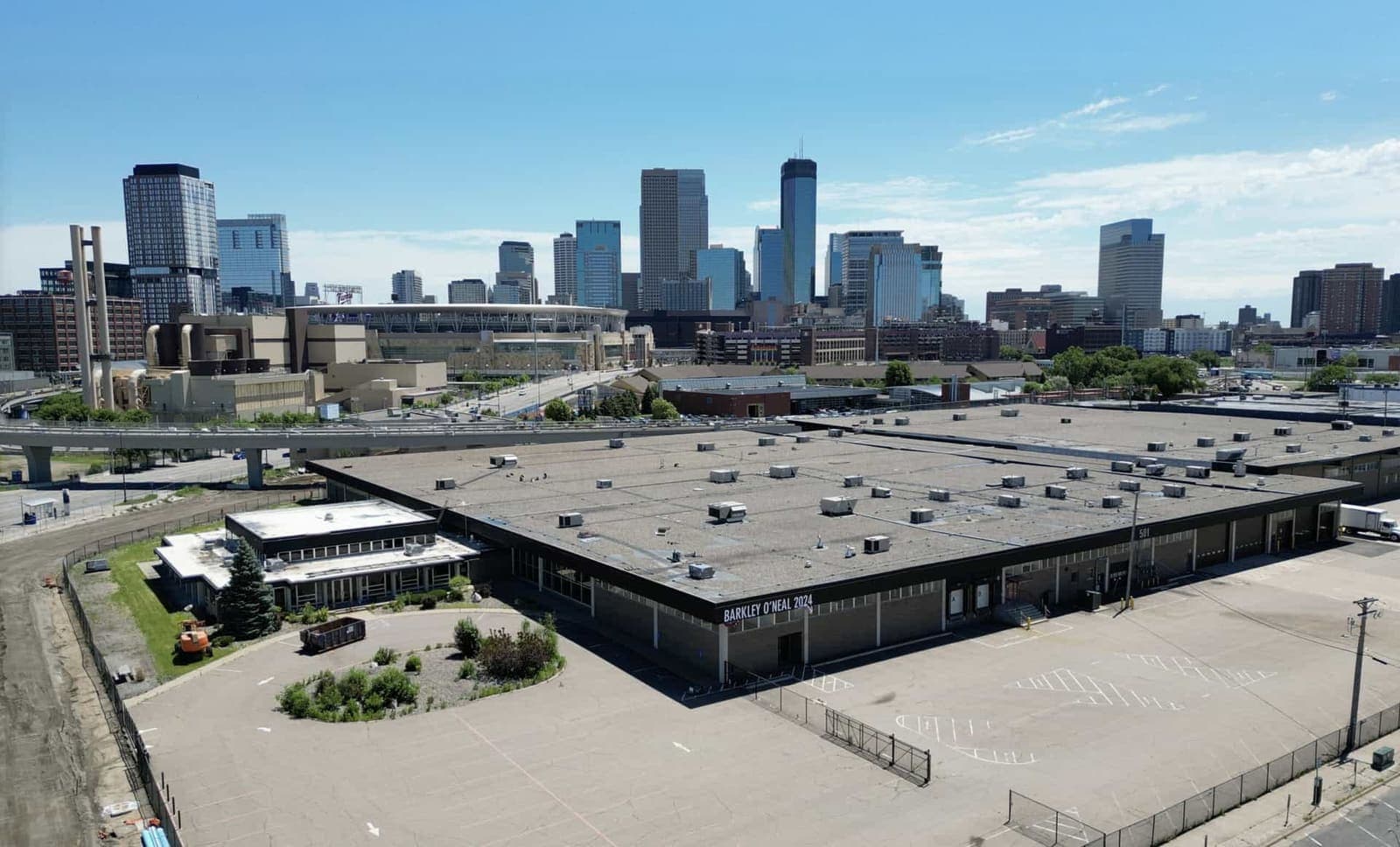 Aerial view of Royalston Square and the Minneapolis skyline